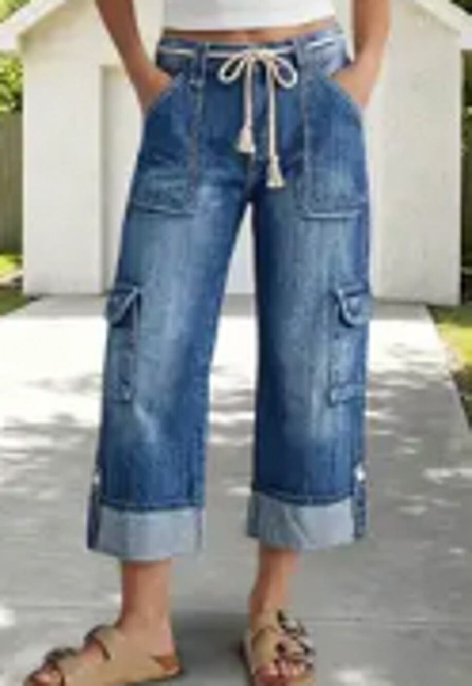NWT Flemingals Belted Flap Pocket Roll Hem Mid Waist Straight Leg Crop Jeans